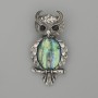 Owl Abalone Brooch-Pendant, 60×29 mm, with Black Crystals, Silver-Tone Metal