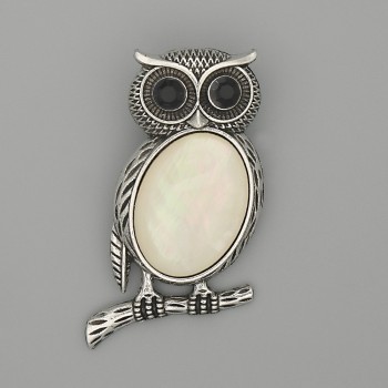 Owl Brooch Pendant with Mother-of-Pearl, 45x25mm +/- black rhinestones, silvery metal
