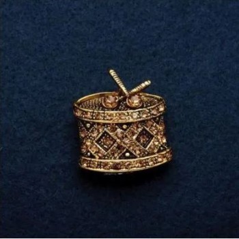 Brooch 'Drum' in antique gold color with rhinestones, 2.5 x 2.5 cm