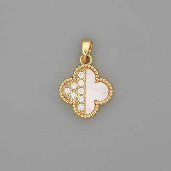 Pendant 'Clover' Pearlescent Gold-tone Metal with White Crystals, 22×14 mm