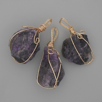 Amethyst Pendant with Untreated Stone in a Gold-Tone Woven Setting, 52×30 mm+