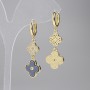 Shamrock Earrings with Gray Elements and White Crystals, Gold-Tone Metal, Diameters 10mm and 14mm, Length 42mm