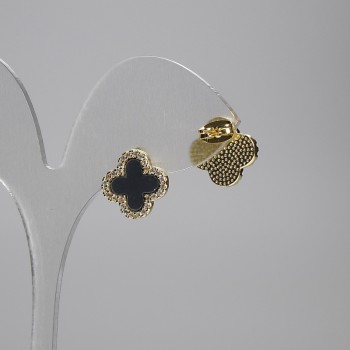 Shamrock stud earrings - black with white crystals, gold-tone metal, 14 mm diameter+
