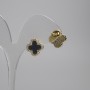 Shamrock stud earrings - black with white crystals, gold-tone metal, 14 mm diameter+