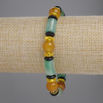 Agate Bracelet with Cylindrical, Rondelle and Ball Beads — 12x8 mm, 8x3 mm, and 10 mm; Length 18 cm; Stretch