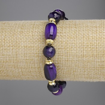 Agate Barrel Bracelet, diameter 13.5×9 mm, 10 mm faceted bead, with metal inserts, length 18 cm, stretch