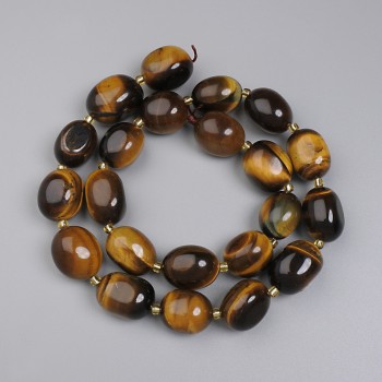 Tiger's Eye Beads, Faceted, 14–17×12–12.5 mm, with 5 mm+ beads and 3 mm+ seed beads on thread, length 40 cm+