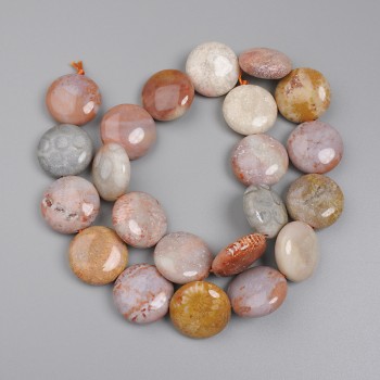 Coin-shaped Fossilized Coral Beads, diameter 17.5 mm, on a thread, length about 39 cm