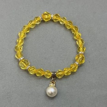 Citrine Bracelet with Faceted Beads, 7 mm Diameter ±, with a 10 mm Pearl, 18 cm Length (Stretch)