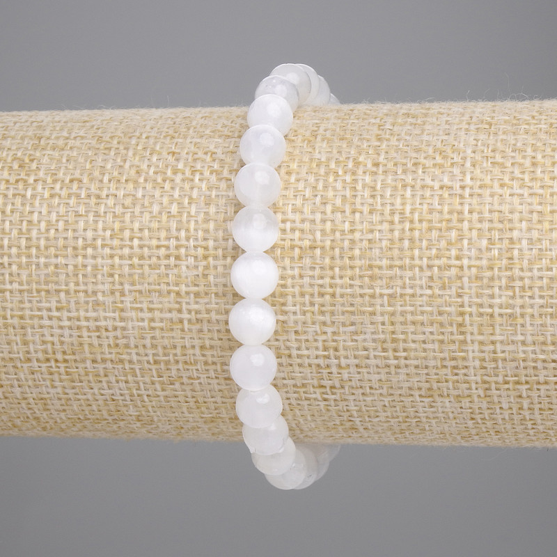 Selenite Bracelet with Smooth Beads, 6.5 mm Diameter, 18 cm Length, Stretch