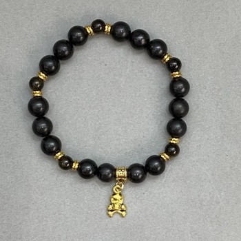 Bracelet with Shungite Beads (8mm) and Silver Obsidian Bead (6mm) with Metal Inlays, 18 cm, Elastic