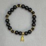 Bracelet with Shungite Beads (8mm) and Silver Obsidian Bead (6mm) with Metal Inlays, 18 cm, Elastic