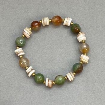 Bracelet with Brazilian Agate and Pearl Rondelles, 9.5 mm faceted beads, 8x2 mm, with metal accents, stretch, 18 cm