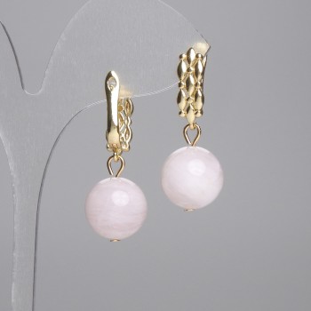 Earrings Madagascar Pink Quartz Smooth Bead 14mm, 34mm length