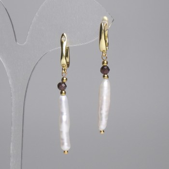 Earrings Baroque Pearls 20x5 mm, Garnet faceted bead 4 mm, Length 50 mm (Assorted sizes)