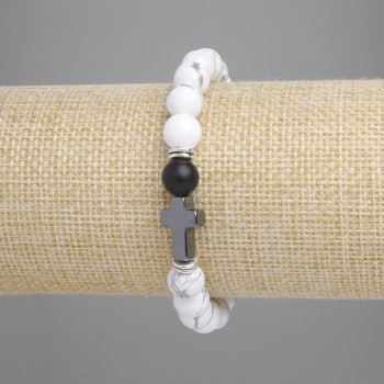 Cacholong Bracelet with Smooth Beads, 8 mm Diameter; Hematite Cross 14×9 mm; Length 18 cm; Elastic