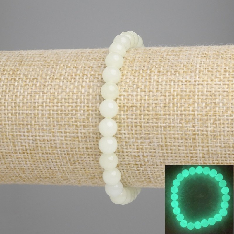 Onyx Bracelet (green glow) Smooth Beads, 6 mm Diameter, 18 cm Length, Stretch