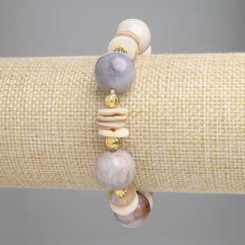 Petrified Coral Bracelet, smooth 14mm beads, rondelle spacers 10x2mm, with metal inserts, 18cm length, stretch