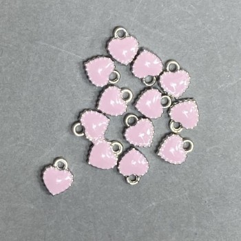 Heart-shaped pendant with pink enamel on silver-tone metal, diameter 7×8 mm, pack of 13 pieces