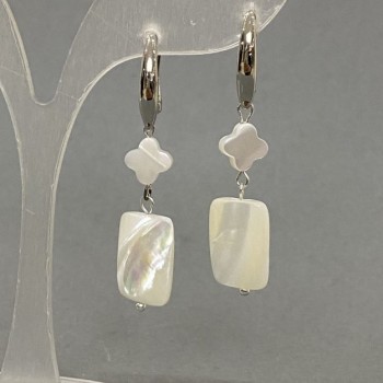 Earrings with Mother-of-Pearl - Rectangular 15x9 mm with Shamrock accent 7 mm, length approximately 45 mm