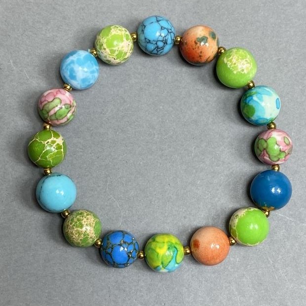 Variscite Bracelet with Smooth 10mm Beads and 2mm Hematite Accents, 18 cm Stretch