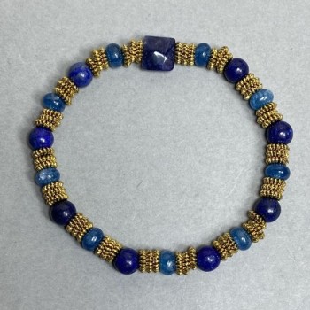Lapis Lazuli Bracelet with 6 mm Round Beads, 8×8 mm Square Beads, and Apatite Rondelles 6×3.5 mm, with Metal Inlays, 18 cm Stretch
