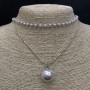 Double Pearl Choker Necklace (Acrylic) with Ball-Shaped Beads, 14 mm Diameter, Length 32–38 cm, Gray Metal