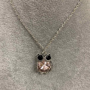 Pendant on chain 'Owl on a Branch' with pink crystal, length 52 cm, diameter 3.5 cm