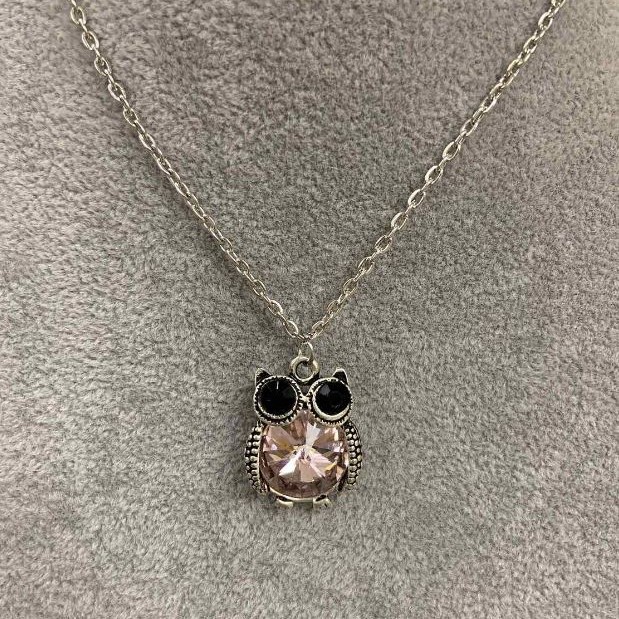 Pendant on chain 'Owl on a Branch' with pink crystal, length 52 cm, diameter 3.5 cm