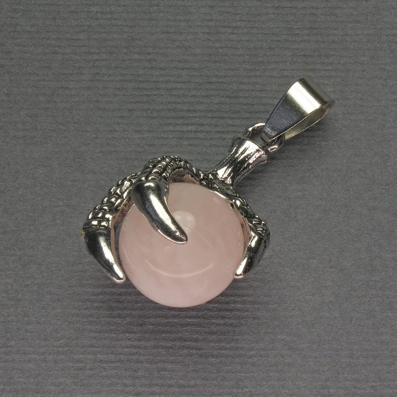 Pink Quartz Paw Pendant with Ball, 18×37 mm, silver-toned metal