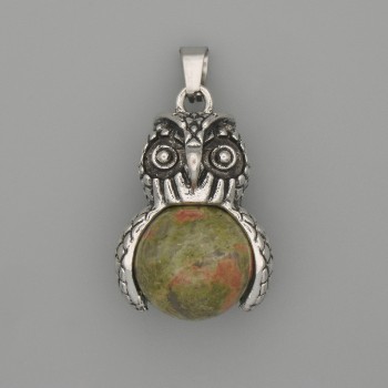 Owl Pendant with heliotrope, silver-colored metal, diameter 30×20 mm, length 37 mm