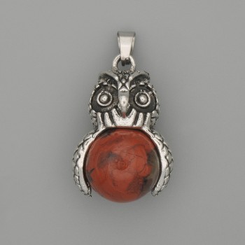 Owl Pendant with Red Jasper, Silver Metal, diameter 30x20 mm, length 37 mm