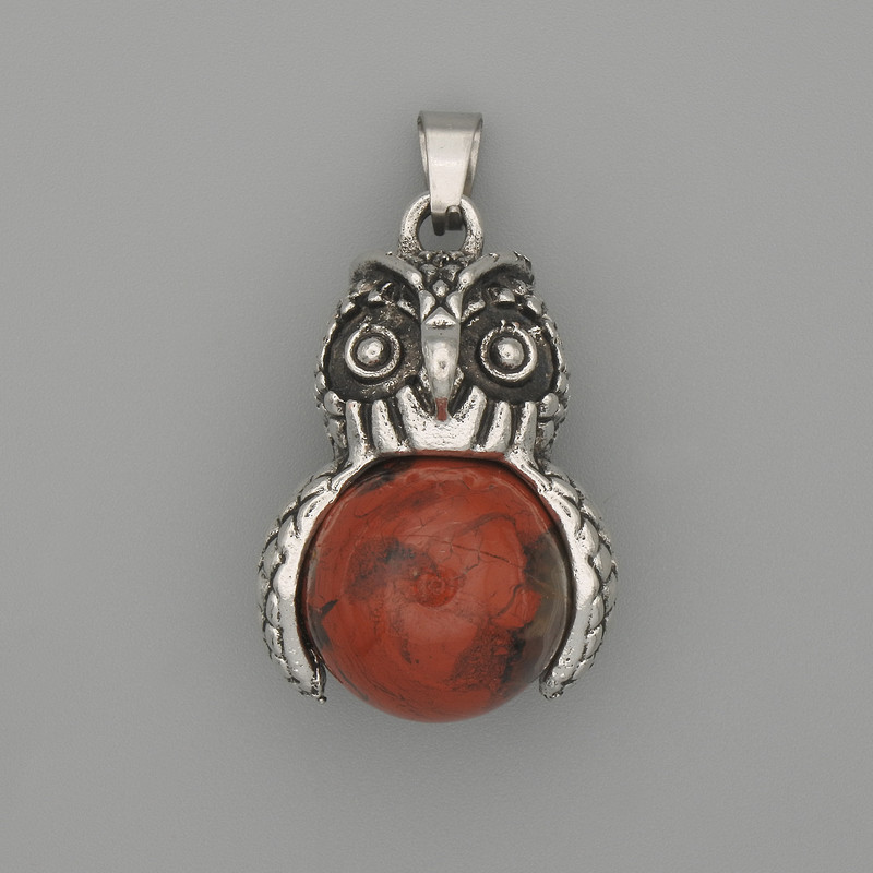 Owl Pendant with Red Jasper, Silver Metal, diameter 30x20 mm, length 37 mm