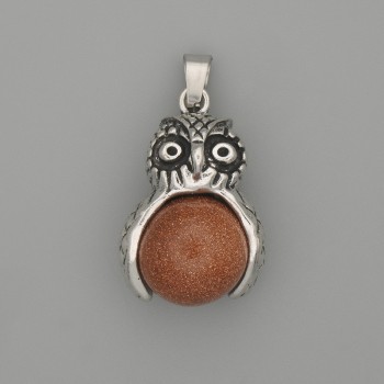 Owl Pendant with Aventurine Gold Sand - Silver-tone Metal, Diameter 30×20 mm, Length 37 mm ±