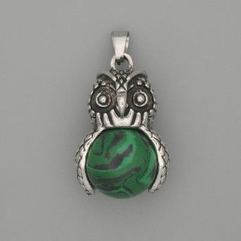Owl Pendant with Malachite, Silver-Tone Metal, diameter 30x20 mm, length 37 mm ±