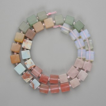 Assorted Beads Chalcedony, Opalite, and Rose Quartz Cubes 8x8 mm +/- Seed Beads 3 mm +-, Length 38 cm +/- on Thread