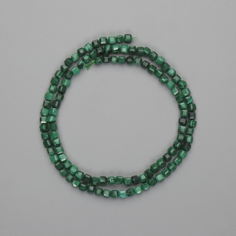 Malachite Beads, Faceted Cube 3x3 mm, Length ±39 cm, On Thread