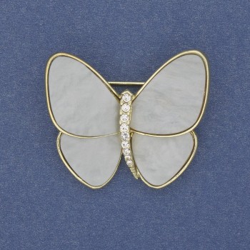 Butterfly Brooch, Light Gray Pearlescent, Gold-Toned Metal, 26x29 mm+