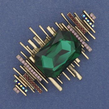 Brooch 'Accent' with green crystal and colorful rhinestones, golden metal, 63×43 mm