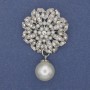 Accent Brooch with Pearl Pendant and Crystals, Silvery Metal, 33×53 mm+