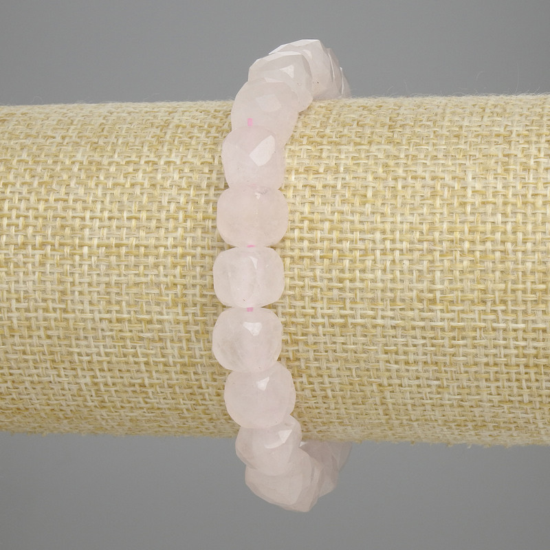 Rose Quartz Bracelet with Faceted Cube Beads, 8.5×8.5 mm, 18 cm length, stretch