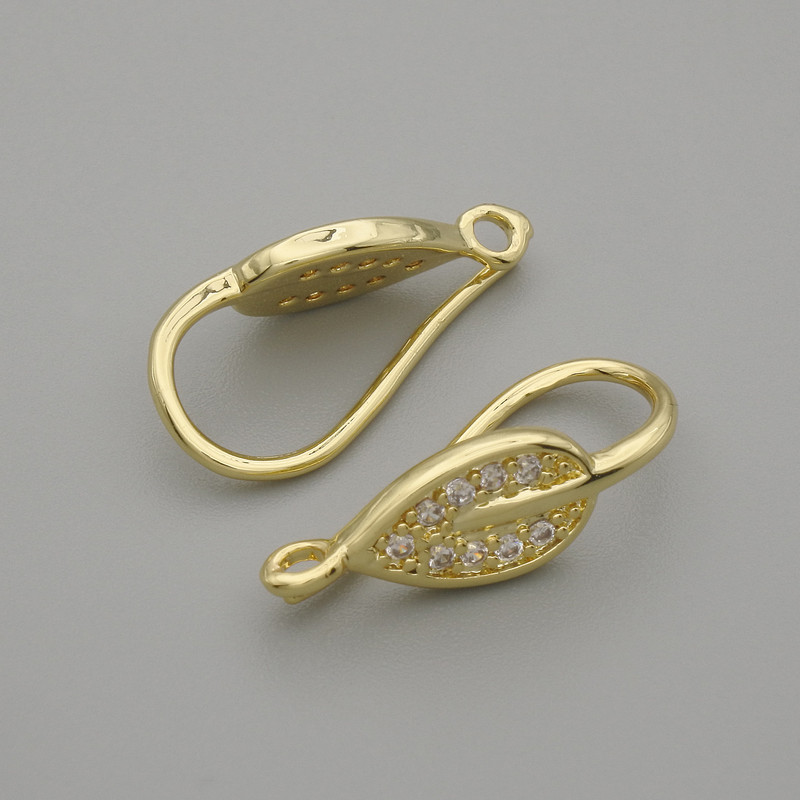 Leaf Ear Wires with White Rhinestones, Gold-Tone Metal, 19×6 mm (Pair)