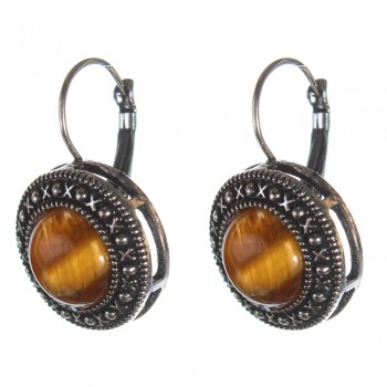 Clearance. Tiger's Eye Earrings in a 'dot cross' setting, round stone 2 cm, length 3 cm