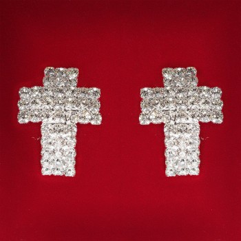 Women's earrings with white crystals, light metal, wedding and evening studs, cross-shaped, large 25mm