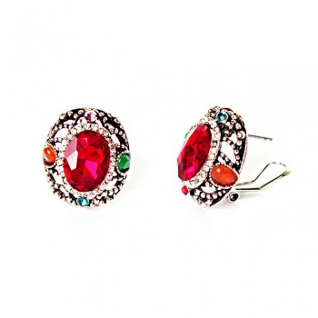 Earrings 2 x 2.5 cm 'Rainbow' Oval with Red Crystal Rhinestones