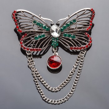 Butterfly Chain Brooch with Red and Green Rhinestones, 6.5 × 3.5 cm