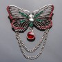 Butterfly Chain Brooch with Red and Green Rhinestones, 6.5 × 3.5 cm