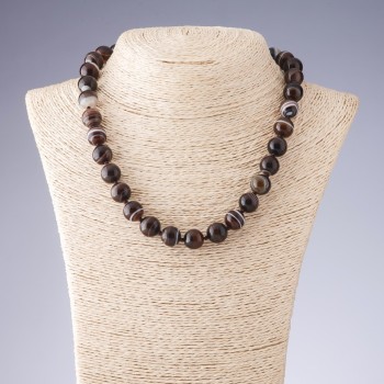 Brown-Toned Agate Bead Necklace, Smooth Beads, 12mm Diameter, 45cm Length