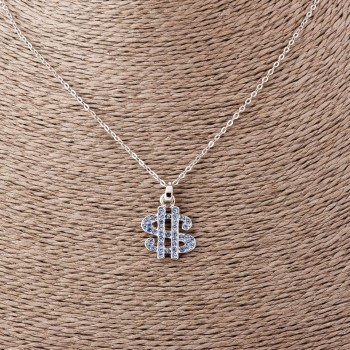 Pendant 'Dollar' on anchor chain blue crystals, length 52 cm, diameter 2x1.7 cm, silver-colored metal