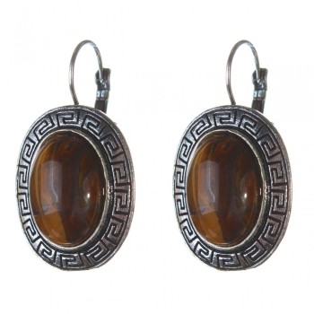 Clearance. Tiger's Eye Earrings with Greek Setting, Oval Stone 2.3 × 2.8 cm, Length 4 cm
